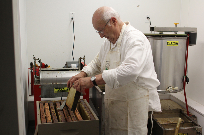 Vin Gaglione works with honey supers at his Peabody shop. | Photo: Owen O'Rourke