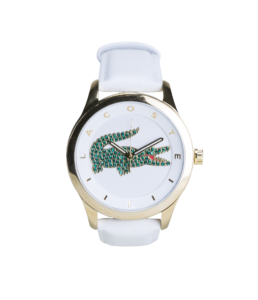LACOSTE women’s Victoria watch with white leather strap and round 40mm gold-tone stainless steel case, $171.50 (originally $245). Available at Macy’s, Northshore Ma, 210 Andover St., Peabody.